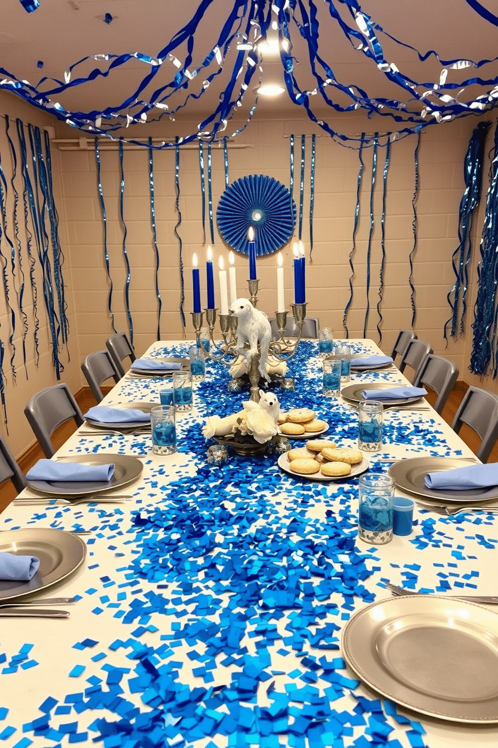 A festive basement setting for Hanukkah, adorned with blue and silver confetti scattered across a long table. The table is set with elegant silver tableware and blue candles, creating a warm and inviting atmosphere for family gatherings. On the walls, blue and silver streamers hang, complementing the festive decor. A beautifully decorated menorah takes center stage on the table, surrounded by traditional treats and decorative accents that celebrate the holiday spirit.