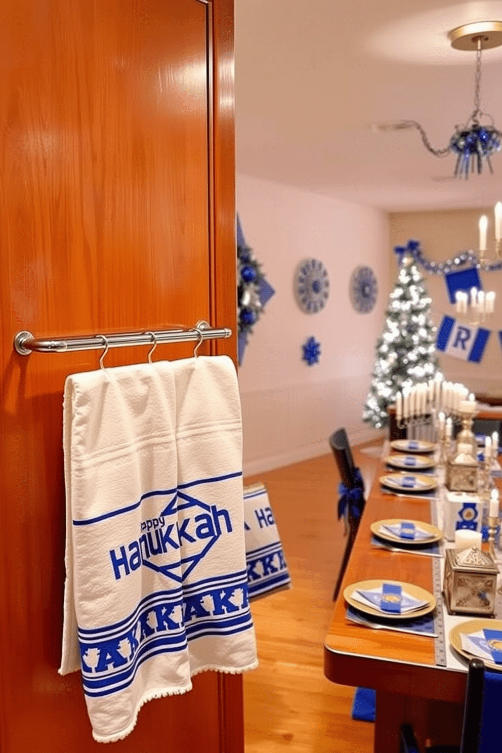 A cozy kitchen adorned with Hanukkah-themed towels, featuring vibrant blue and white designs that celebrate the festival of lights. The towels hang neatly on a modern stainless steel rack, adding a festive touch to the warm, inviting atmosphere of the kitchen. A beautifully decorated basement space for Hanukkah, with soft lighting creating a warm ambiance. The walls are adorned with blue and silver decorations, and a large table is set for a festive meal, complete with traditional menorah and dreidel centerpieces.