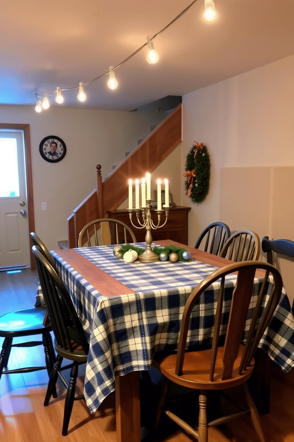 A cozy basement dining area adorned with a blue and white checkered tablecloth draped over a rustic wooden table. Surrounding the table are mismatched chairs, each contributing to a warm, inviting atmosphere perfect for Hanukkah celebrations. Soft, ambient lighting from string lights overhead casts a gentle glow on the decorations. On the table, a menorah sits at the center, flanked by festive candles and small decorative dreidels, enhancing the holiday spirit.