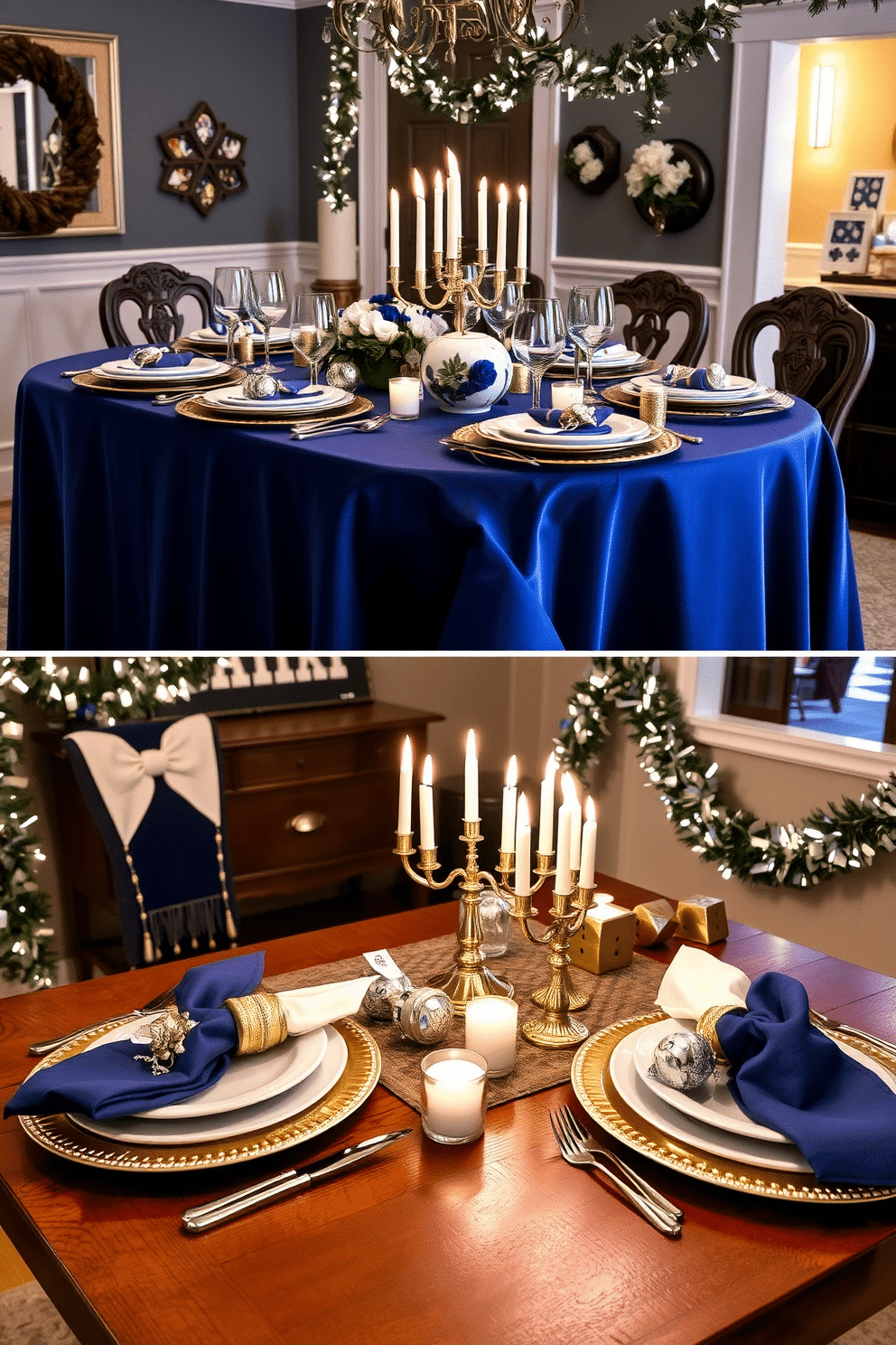 A luxurious dining table setting adorned with elegant gold and silver napkin rings, each intricately designed to complement the fine china. The table is draped in a rich, deep blue tablecloth, creating a stunning contrast against the shimmering napkin rings. A cozy basement transformed for Hanukkah celebrations, featuring a warm color palette of blues and whites. Festive decorations include a beautifully lit menorah on a rustic wooden table, surrounded by traditional dreidels and shimmering garlands.