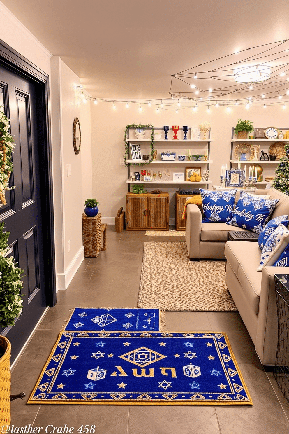 A festive Hanukkah-themed door mat welcomes guests with a vibrant blue background adorned with white and gold menorahs and Star of David motifs. The edges of the mat feature a decorative border of dreidels, creating a cheerful entryway that sets the tone for the holiday celebrations. In the basement, create a cozy Hanukkah atmosphere with string lights draped across the ceiling and a display of colorful menorahs on shelves. Incorporate plush seating with blue and white throw pillows, along with a festive table set for a family gathering, complete with traditional foods and decorations.