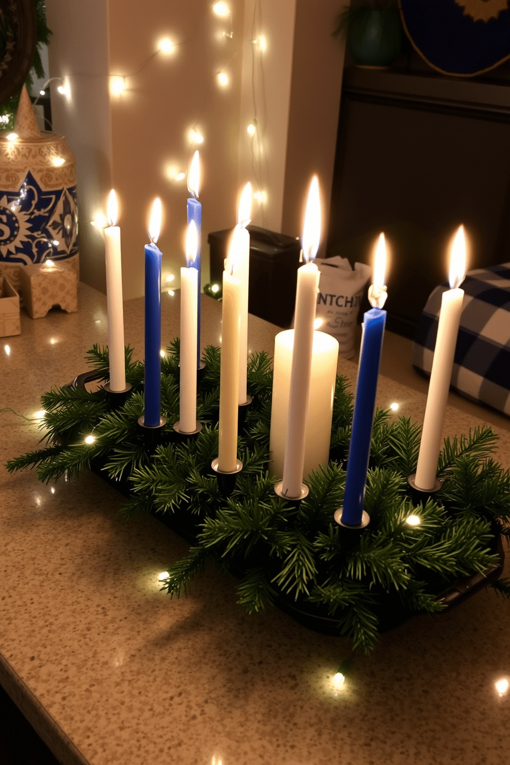 A cozy basement space adorned for Hanukkah, featuring a collection of blue and white candles arranged on a decorative tray. The candles are surrounded by festive greenery and twinkling fairy lights, creating a warm and inviting atmosphere for celebration.