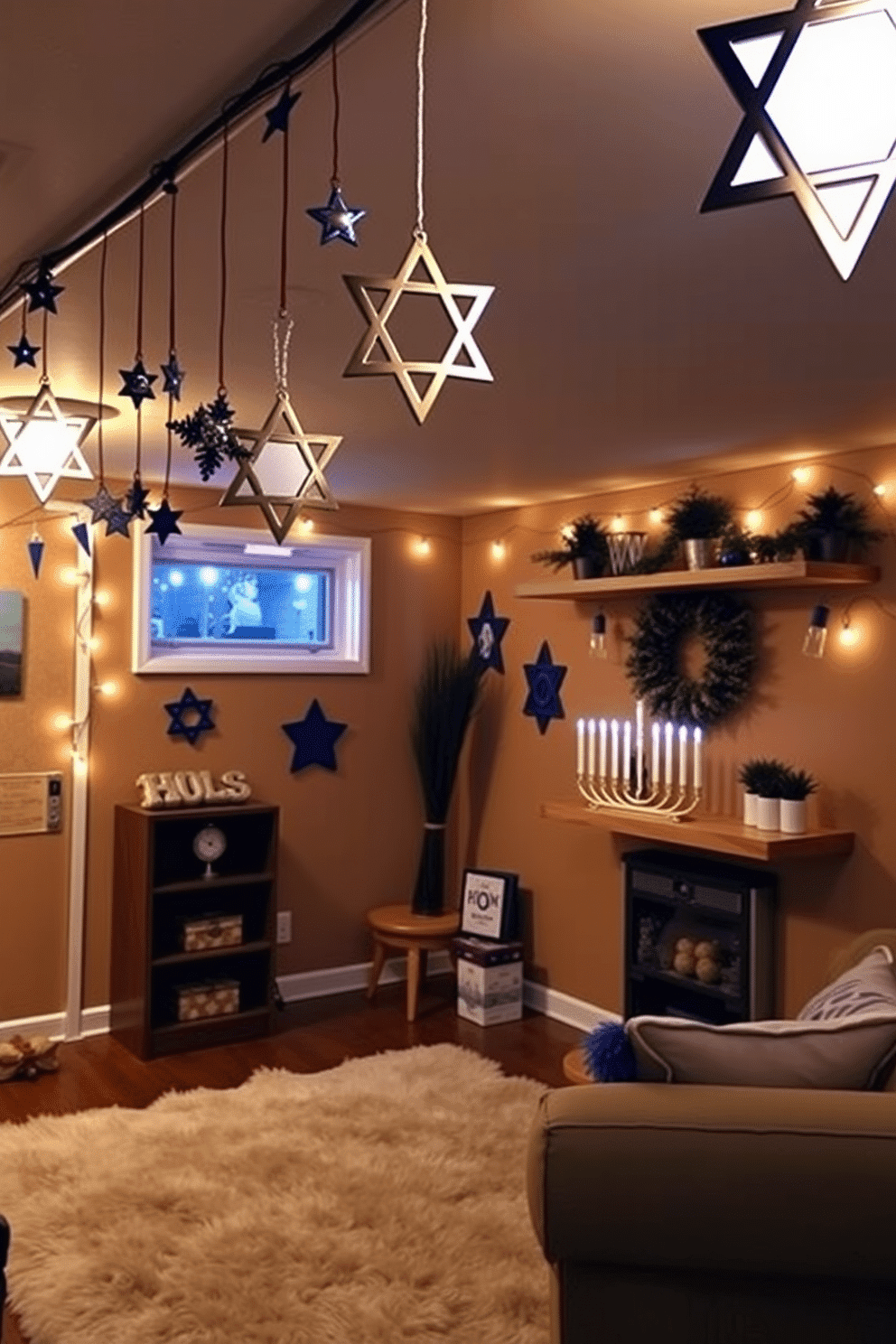 A cozy basement space adorned for Hanukkah, featuring a warm color palette with soft lighting. Hanging Star of David ornaments dangle from the ceiling, creating a festive atmosphere, while a large menorah is prominently displayed on a wooden shelf. The walls are decorated with blue and white accents, and a plush area rug adds comfort underfoot. String lights twinkle around the windows, enhancing the celebratory feel of the space.