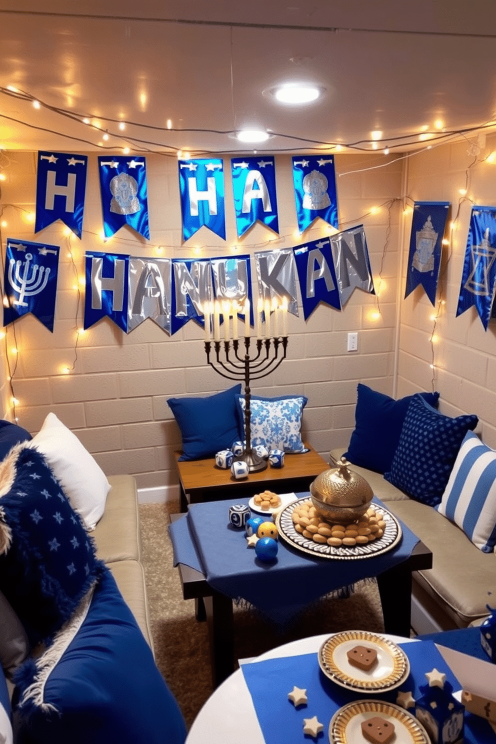 A cozy basement space adorned with festive Hanukkah banners in vibrant blue and silver hues. The walls are decorated with string lights, creating a warm ambiance, while a large menorah sits on a wooden table surrounded by decorative dreidels. The seating area features plush cushions in shades of blue and white, inviting guests to gather and celebrate. A festive table is set with traditional treats, enhancing the holiday spirit in this inviting basement setting.