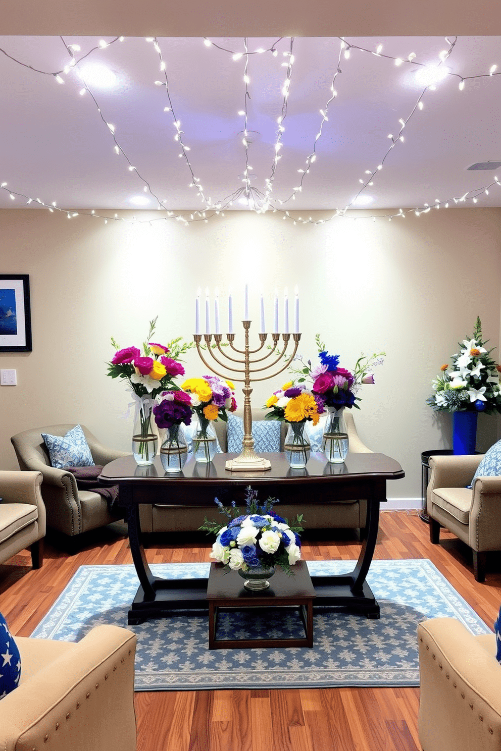 A beautifully arranged menorah display sits atop a polished wooden table, surrounded by an array of vibrant fresh flowers in elegant vases. The backdrop features soft, warm lighting that enhances the festive atmosphere, creating a welcoming space for Hanukkah celebrations. In the basement, cozy seating is arranged around a decorative rug, with twinkling string lights draped across the ceiling. Festive decorations, including blue and silver accents, complement the menorah and flowers, making the space inviting and celebratory for family gatherings.