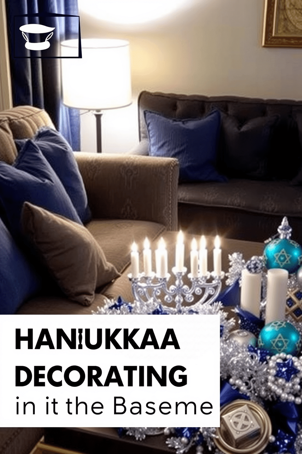 A cozy seating area features a plush sofa adorned with blue cushions, creating a welcoming atmosphere. Soft, warm lighting from a nearby floor lamp enhances the inviting feel of the space. For Hanukkah decorating ideas in the basement, consider a festive display with a beautifully arranged menorah as the centerpiece. Surround it with shimmering blue and silver decorations, incorporating traditional elements like dreidels and gelt for a joyful ambiance.