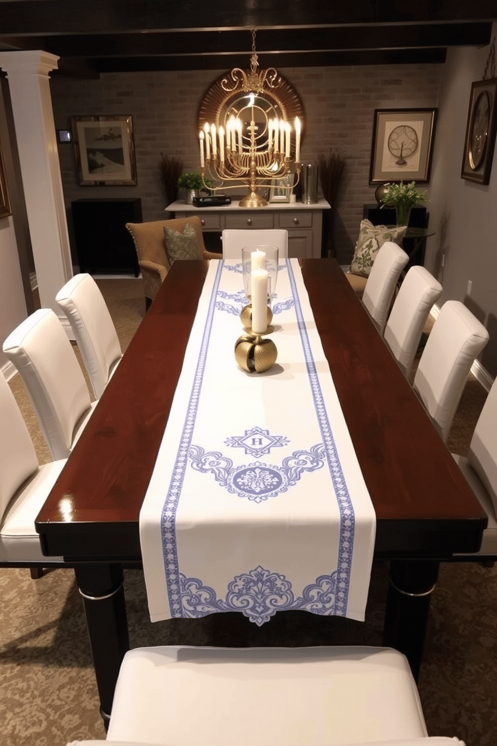 A stylish basement space decorated for Hanukkah features a long dining table adorned with elegant white and blue table runners. The runners are complemented by decorative dreidels and menorahs, creating a festive atmosphere that highlights the celebration.