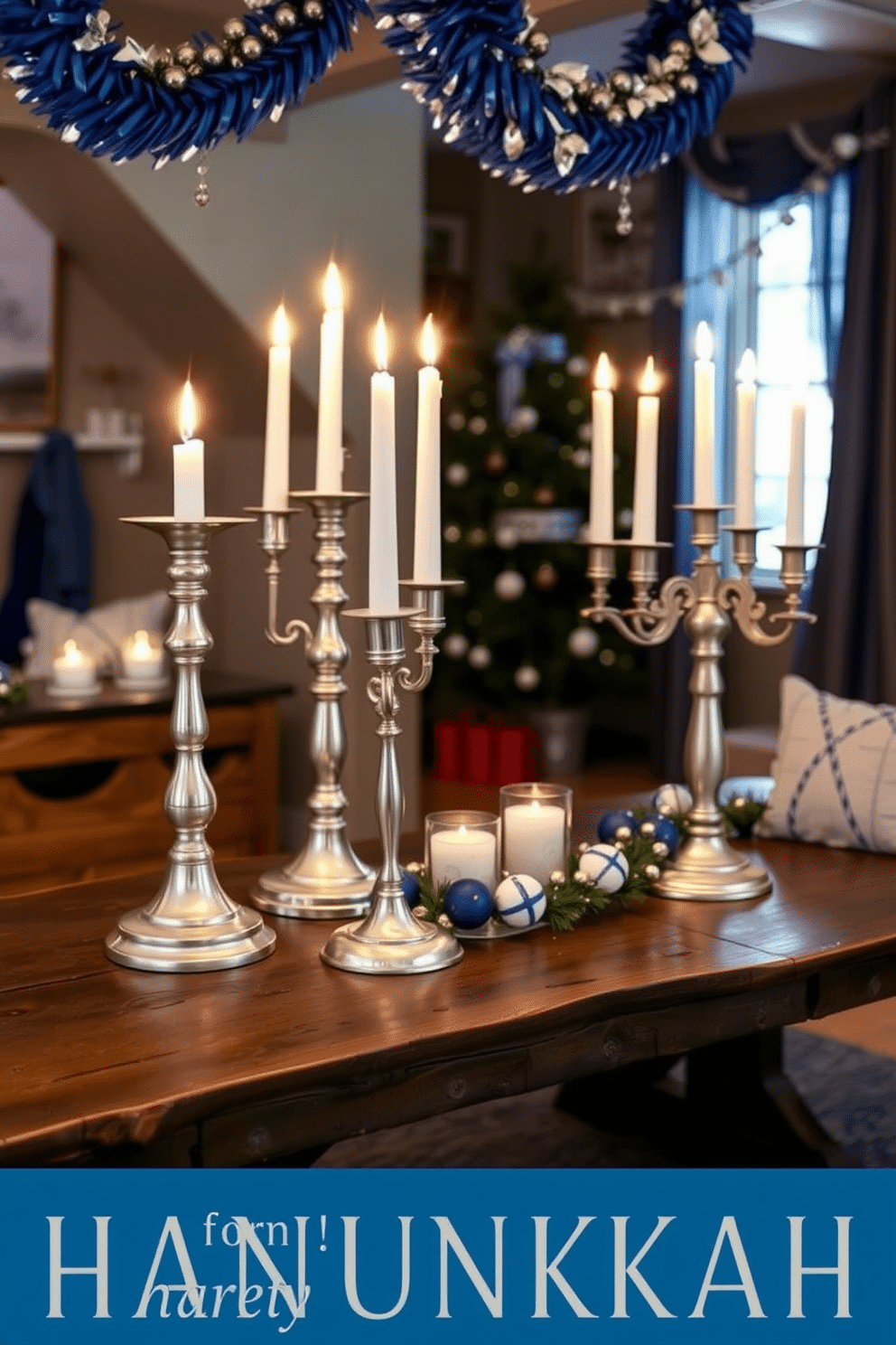 A cozy basement setting for Hanukkah, featuring elegant silver and gold candle holders arranged on a rustic wooden table. Soft, warm lighting enhances the festive atmosphere, while blue and white decorations complement the candle holders, creating a harmonious holiday ambiance.