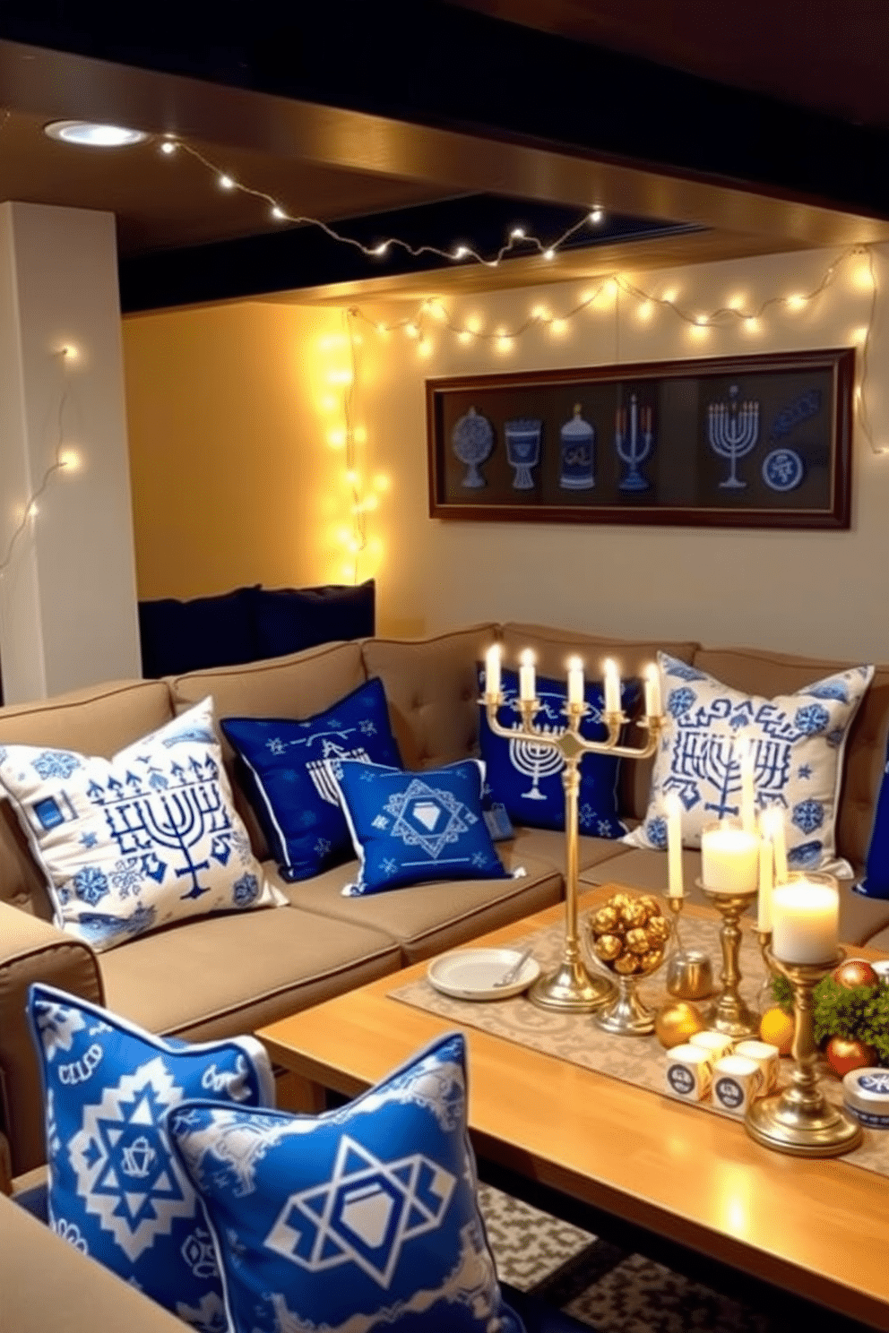 A cozy basement space adorned with Hanukkah-themed throw pillows. The pillows feature vibrant blue and white patterns, including menorahs and dreidels, arranged on a plush sectional sofa. Twinkling fairy lights are draped along the walls, creating a warm and inviting atmosphere. A festive table is set with a menorah, surrounded by decorative items like gelt and candles, enhancing the holiday spirit.