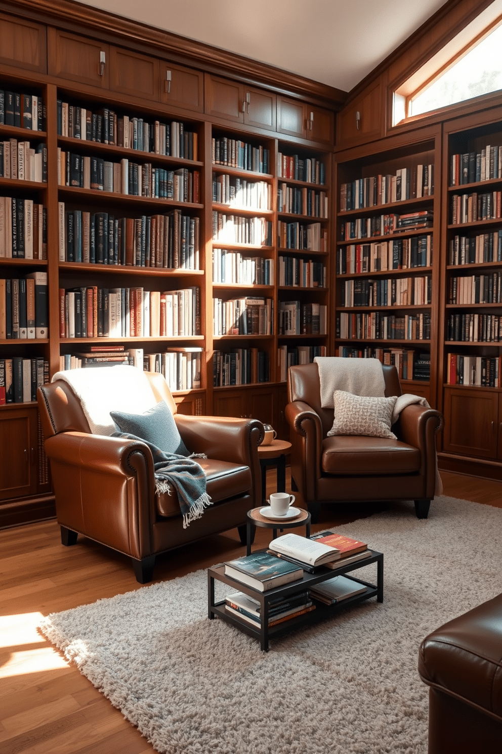 Cozy leather armchairs are positioned in a sunlit corner, inviting relaxation with soft throw blankets draped over the arms. A small wooden side table holds a stack of books and a steaming cup of tea, creating the perfect ambiance for an afternoon read. The basement home library features floor-to-ceiling bookshelves that showcase a curated collection of novels and art books. Soft, ambient lighting highlights the rich wood tones of the shelves, while a plush area rug adds warmth to the space, making it an inviting retreat for book lovers.