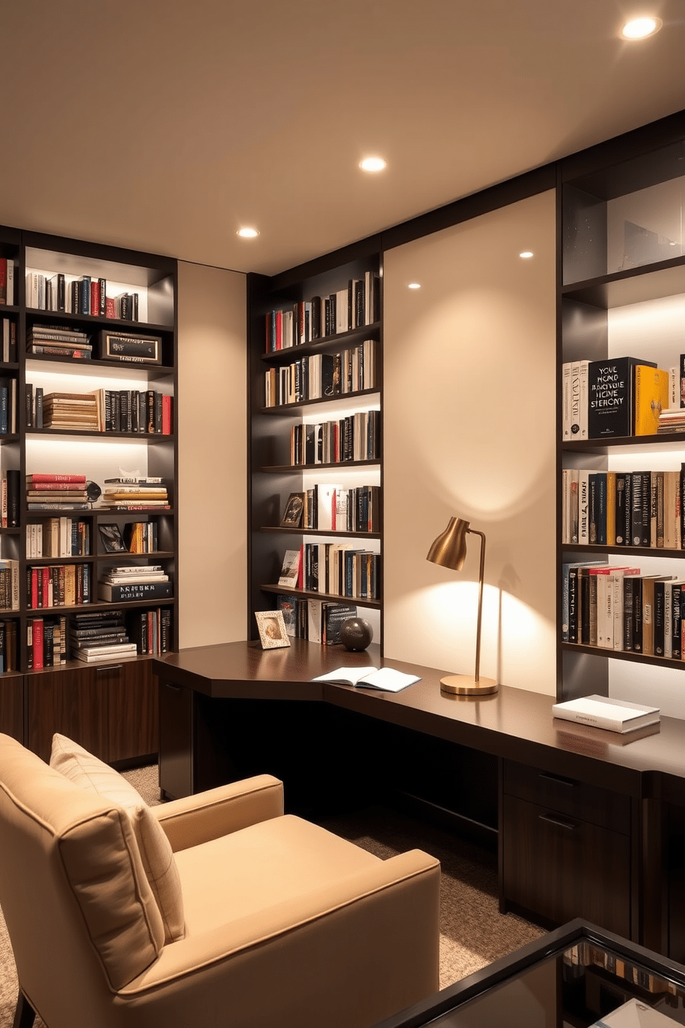 A modern basement home library features an integrated desk space for studying, designed with sleek, minimalist lines. The desk, made of dark wood, is positioned against a wall of built-in bookshelves filled with an array of books and decorative items, creating a cozy yet functional atmosphere. Soft ambient lighting illuminates the space, with a stylish floor lamp beside the desk providing additional light for reading. Plush seating, such as a comfortable armchair and a small coffee table, invites relaxation and enhances the inviting feel of the library.