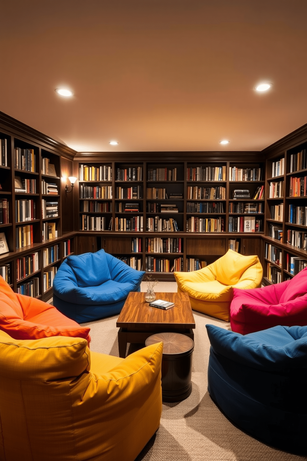 A cozy basement home library featuring colorful bean bags arranged around a low wooden coffee table. The walls are lined with dark wood bookshelves filled with an eclectic mix of books, while soft lighting creates an inviting atmosphere.