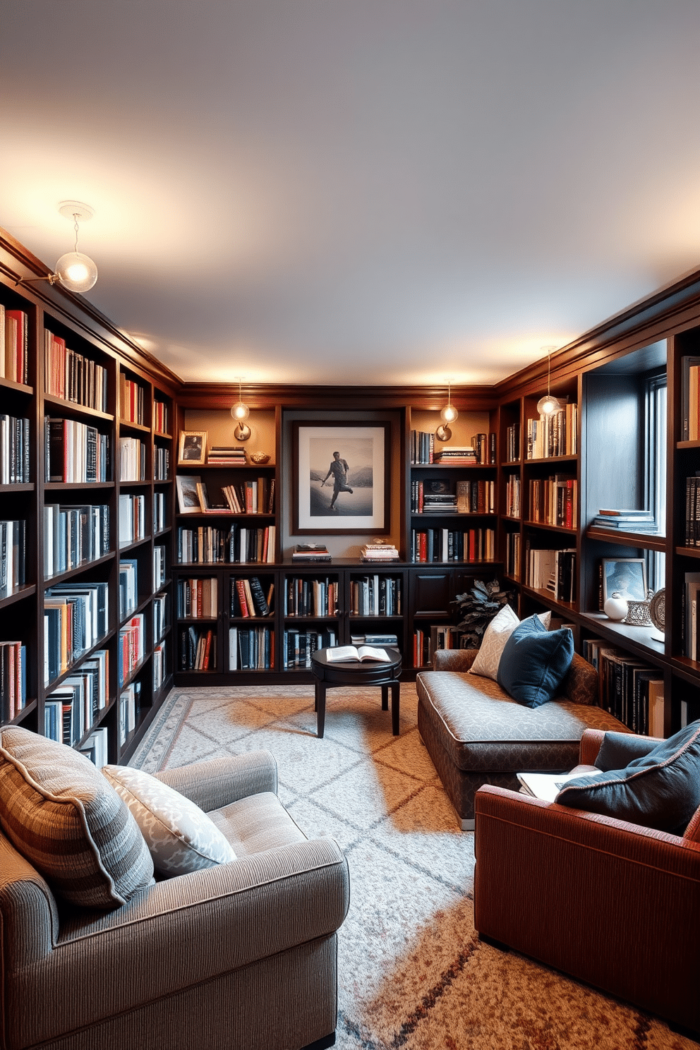 A cozy basement home library featuring wall-mounted reading lights for functionality. The room is lined with dark wood bookshelves filled with an eclectic collection of books, and plush seating areas encourage relaxation and reading.