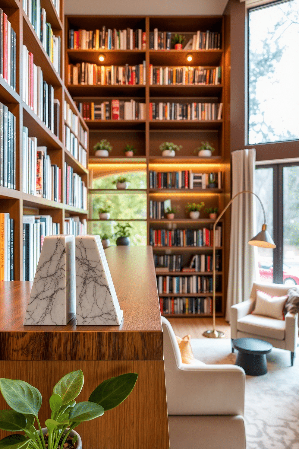 Artistic bookends crafted from polished marble and brushed brass stand proudly on a sleek wooden shelf, adding a touch of sophistication to the library's decor. The shelves are lined with an array of colorful books, complemented by small potted plants that bring life to the space. The basement home library features cozy seating arrangements with plush armchairs and a soft area rug, creating an inviting reading nook. Warm ambient lighting from stylish floor lamps illuminates the room, while large windows allow natural light to filter in, making the space feel open and airy.