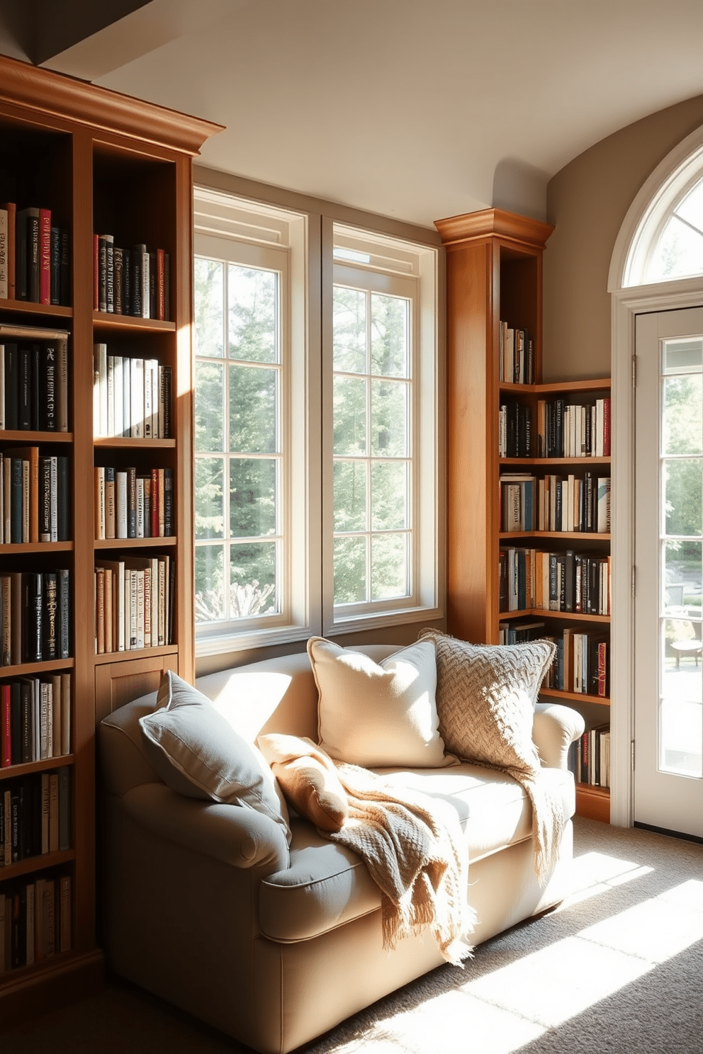 A cozy basement home library bathed in natural light streaming through large windows. The space features built-in bookshelves filled with an array of books, complemented by a plush reading nook adorned with soft cushions and a warm throw.