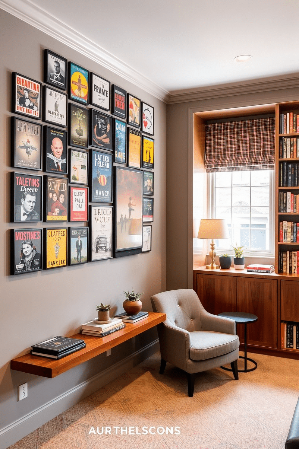 A gallery wall showcasing an eclectic mix of framed book covers in various sizes and styles, creating a vibrant and intellectual atmosphere. The wall is painted in a soft gray, allowing the colorful book covers to stand out, while a sleek wooden shelf below holds a selection of decorative books and small plants. The basement home library features built-in bookshelves that stretch from floor to ceiling, filled with a curated collection of books. A cozy reading nook with a plush armchair and a small side table is positioned near a large window, complemented by warm lighting and rich wood accents throughout the space.