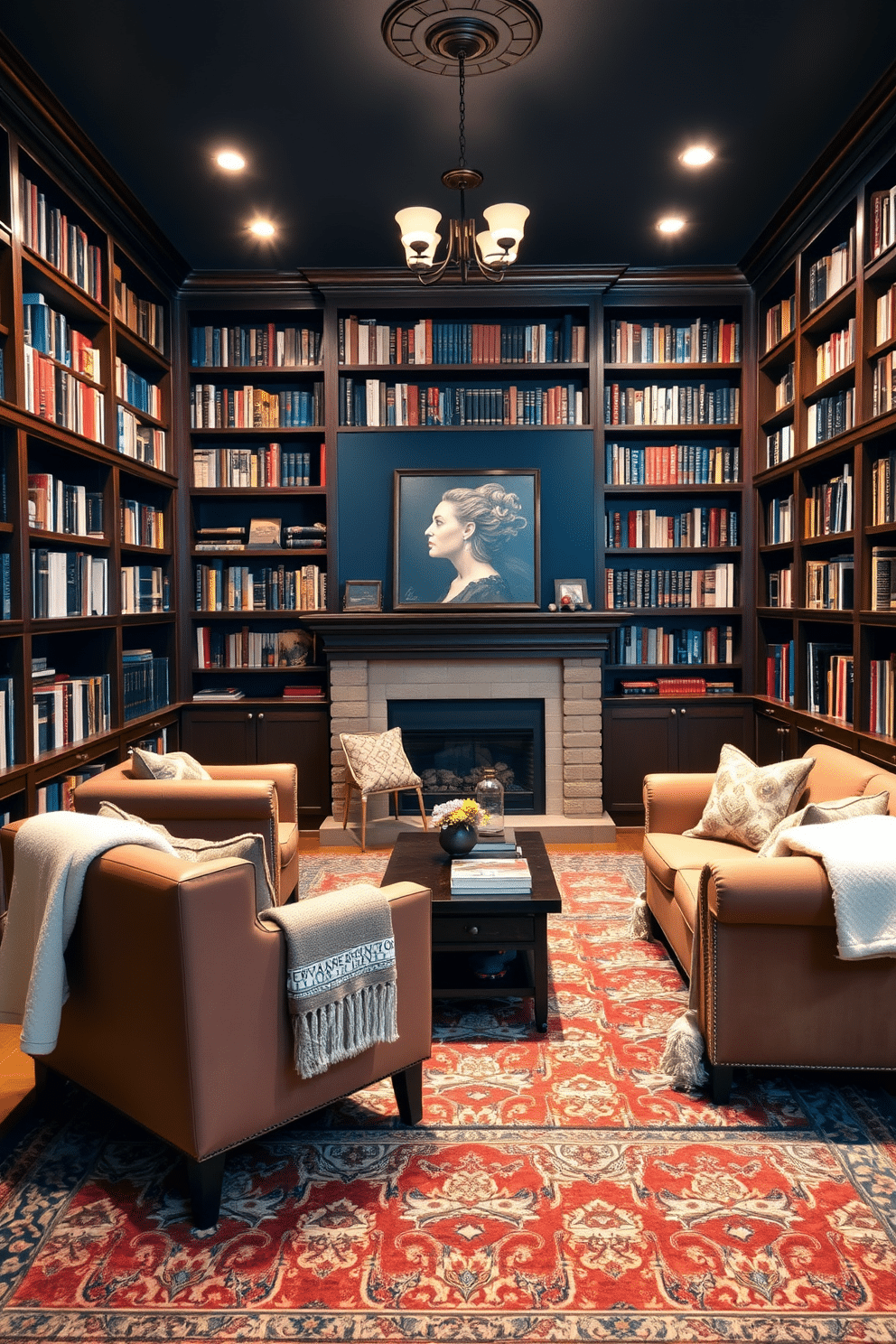 A cozy basement home library features rich wooden bookshelves filled with an array of books, creating an inviting atmosphere. Plush armchairs are strategically placed around a low coffee table, with soft throw blankets draped over them for added comfort and warmth. The walls are painted in a deep navy blue, enhancing the room's intimate feel, while warm lighting fixtures cast a soft glow throughout the space. A large area rug with intricate patterns anchors the seating area, inviting readers to settle in with their favorite novels.