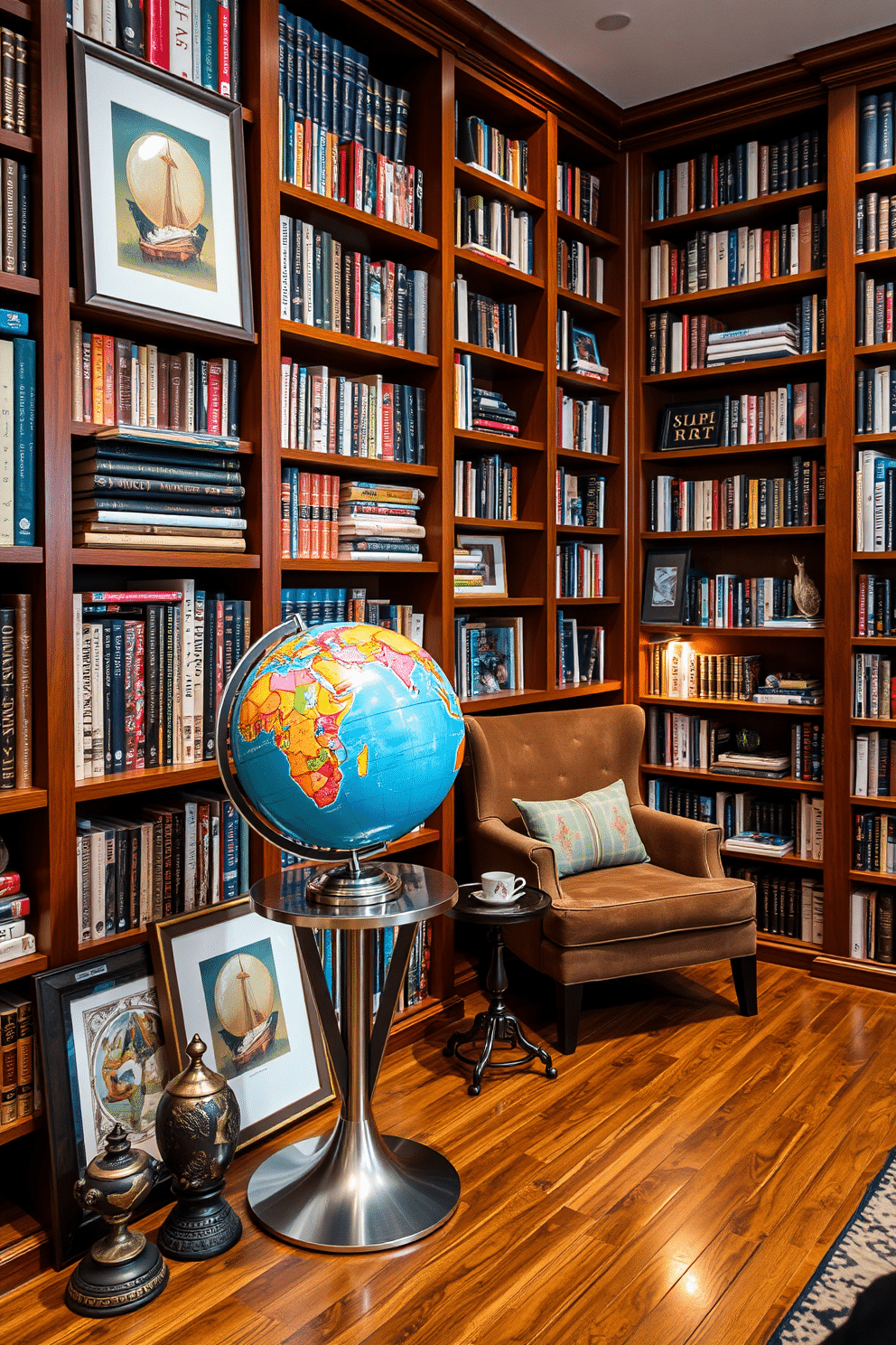 A stylish globe sits on a sleek, modern stand, surrounded by an array of travel-themed decor. The globe features vibrant colors and intricate details, inviting exploration and adventure into the room. The basement home library is designed with rich wooden bookshelves that stretch from floor to ceiling, filled with an eclectic collection of books. A cozy reading nook is nestled in one corner, featuring a plush armchair, soft lighting, and a small side table for a cup of tea.