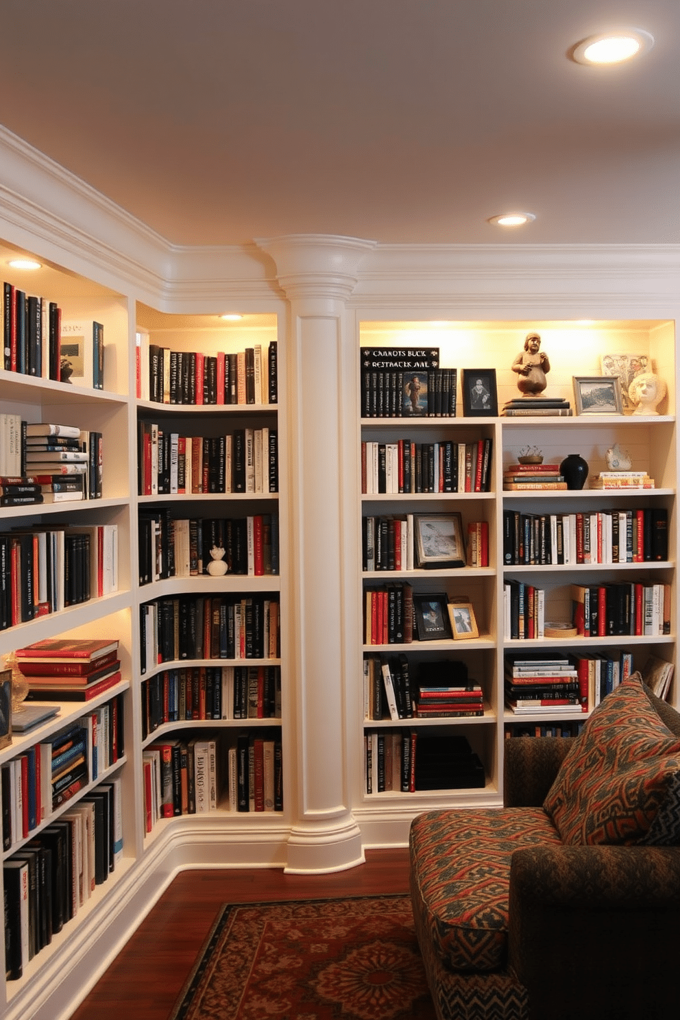 A cozy basement home library featuring built-in bookshelves that stretch from floor to ceiling, illuminated by warm, ambient lighting. The shelves are filled with an eclectic mix of books, decorative objects, and personal mementos, creating an inviting and personalized space.