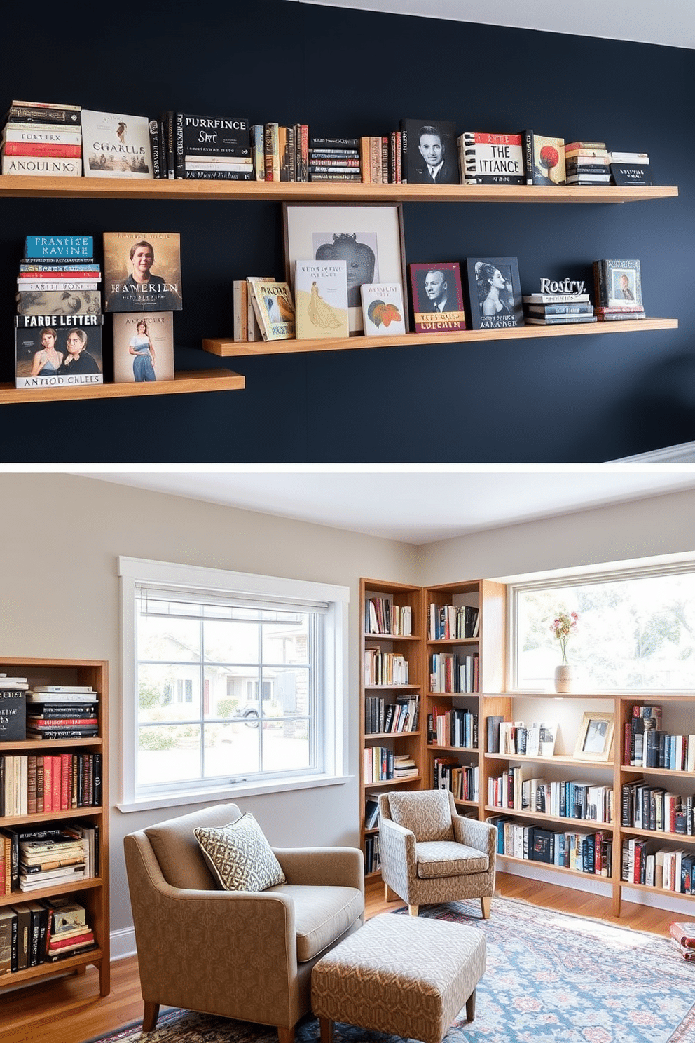 A personalized book display showcases a curated selection of favorite novels and art books, arranged by color and size on floating shelves. The walls are painted a deep navy blue, creating a cozy atmosphere, while a plush reading chair in a complementary shade invites relaxation. In the basement, the home library features a mix of modern and vintage elements, with reclaimed wood bookshelves lining the walls. A large window allows natural light to filter in, highlighting a comfortable seating area with a stylish rug and soft lighting for evening reading sessions.