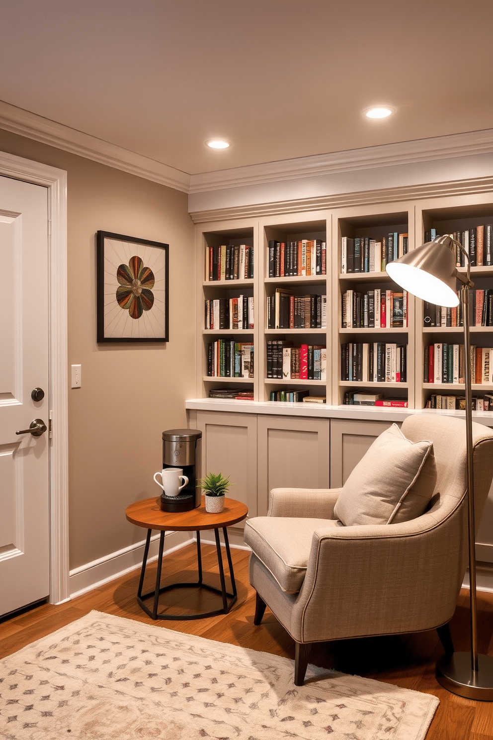 A cozy nook featuring a small coffee station. The space includes a sleek espresso machine on a wooden side table, complemented by a set of elegant mugs and a small potted plant. A warm and inviting basement home library with built-in bookshelves. The room is adorned with a plush reading chair, a soft area rug, and ambient lighting from a modern floor lamp, creating the perfect retreat for book lovers.