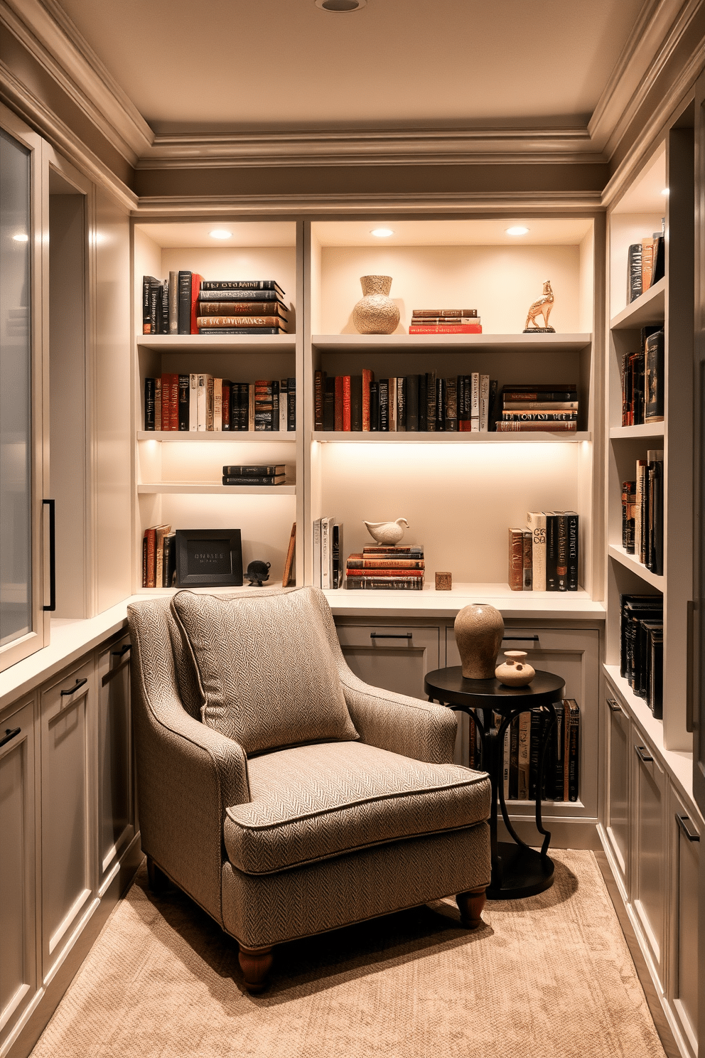 A cozy basement home library featuring built-in shelves that blend seamlessly with the walls, providing ample hidden storage for books and decorative items. A plush reading nook is nestled in one corner, adorned with a comfortable armchair and a small side table, illuminated by soft ambient lighting.