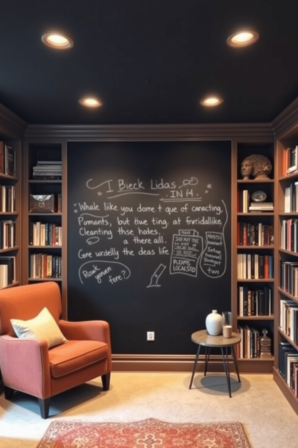 A cozy basement home library featuring a chalkboard wall for notes and ideas. The space is illuminated by warm, recessed lighting, creating an inviting atmosphere for reading and studying. The chalkboard wall is framed by built-in bookshelves filled with an eclectic mix of books and decorative items. A plush armchair and a small side table are positioned nearby, providing a comfortable nook for relaxation and creativity.