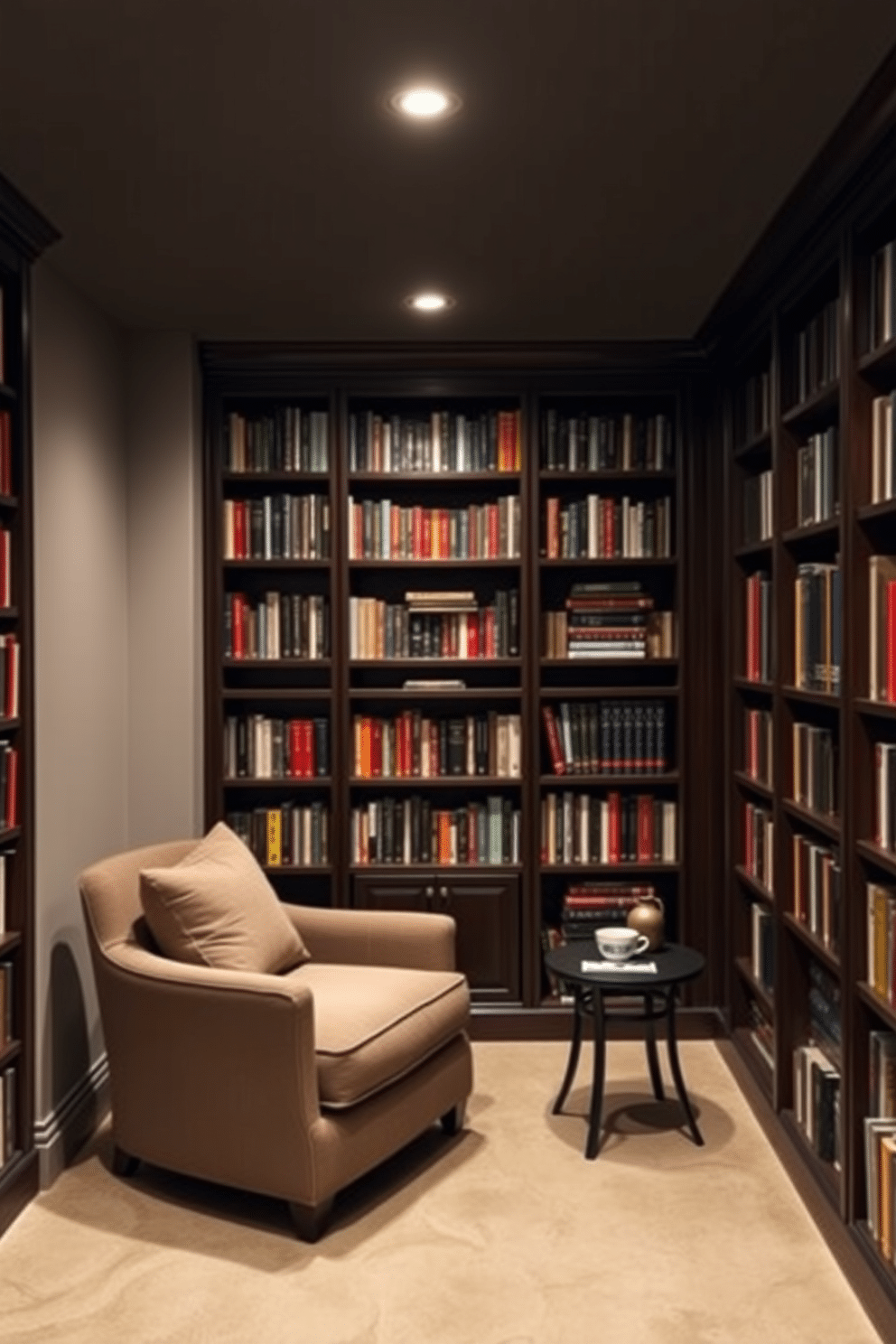 A cozy basement home library features mood lighting with dimmable fixtures that create an inviting atmosphere for reading. The walls are lined with dark wood bookshelves filled with a curated selection of books, while a plush, oversized armchair sits in the corner, accompanied by a small side table for beverages.