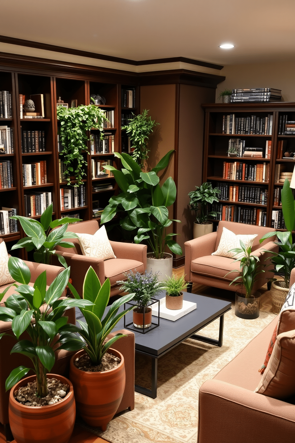 A cozy basement home library filled with decorative plants for a fresh touch. The walls are lined with dark wood bookshelves, and a plush, oversized armchair sits in the corner, inviting you to curl up with a good book. In the center of the room, a sleek coffee table is surrounded by comfortable seating, while potted plants in varying heights add vibrancy to the space. A soft area rug anchors the seating arrangement, and warm lighting creates an inviting atmosphere for reading and relaxation.