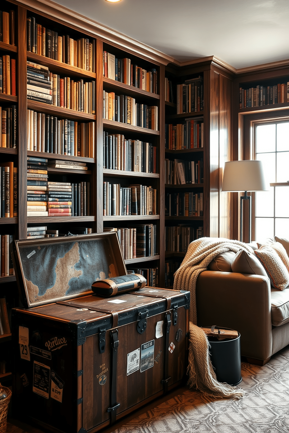 A vintage trunk serves as a unique storage solution, adding character and charm to the space. The trunk is adorned with travel stickers and leather straps, positioned beside a cozy reading nook with a plush armchair and a warm throw blanket. The basement home library features floor-to-ceiling bookshelves made of reclaimed wood, filled with an eclectic mix of books. Soft ambient lighting illuminates the room, while a large, comfortable sofa invites readers to relax and immerse themselves in their favorite stories.