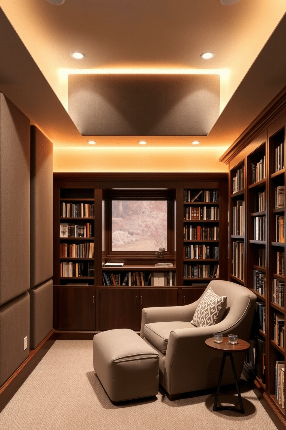 A quiet corner designed for relaxation, featuring soundproofing elements such as thick acoustic panels on the walls and a plush, oversized armchair. Soft, ambient lighting illuminates the space, creating a serene atmosphere perfect for reading or meditation. A basement home library filled with custom-built shelves lined with books, complemented by a cozy reading nook with a large window well. Rich wood finishes and warm lighting enhance the inviting ambiance, making it an ideal retreat for literary enthusiasts.