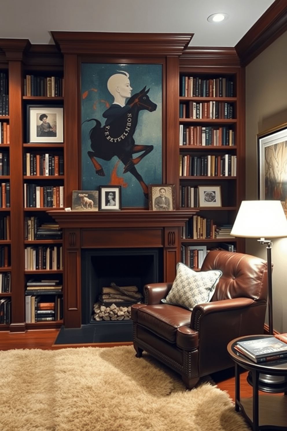 A cozy basement home library features rich wooden bookshelves filled with a curated selection of novels and art books. A large, comfortable leather armchair sits in the corner, accompanied by a stylish floor lamp that casts a warm glow over a plush area rug. Art pieces are strategically placed throughout the space, including framed prints and a bold abstract painting above the fireplace. Soft lighting highlights the artwork, creating an inviting atmosphere that encourages relaxation and creativity.