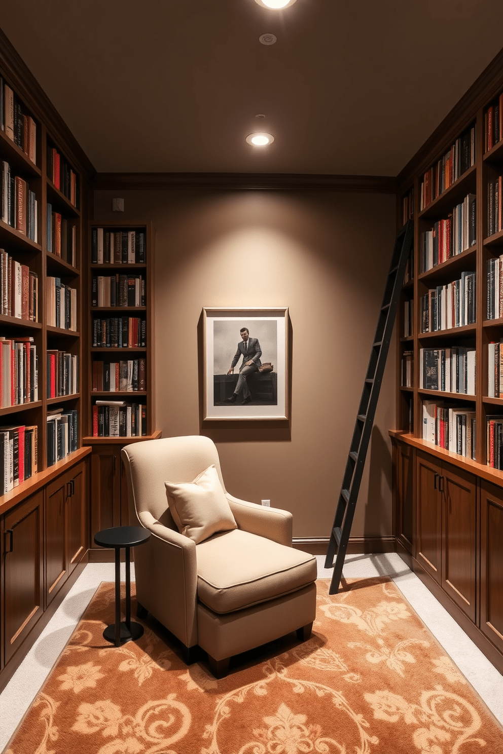 A cozy basement home library featuring floor-to-ceiling shelves filled with color-coordinated books, creating a visually appealing gradient effect. Soft, ambient lighting illuminates the space, highlighting a plush reading nook with a comfortable armchair and a small side table for beverages. The walls are painted a warm taupe, complementing the rich wooden tones of the built-in cabinetry. A large area rug in muted earth tones anchors the seating area, while a stylish ladder leans against the shelves for easy access to the upper books.