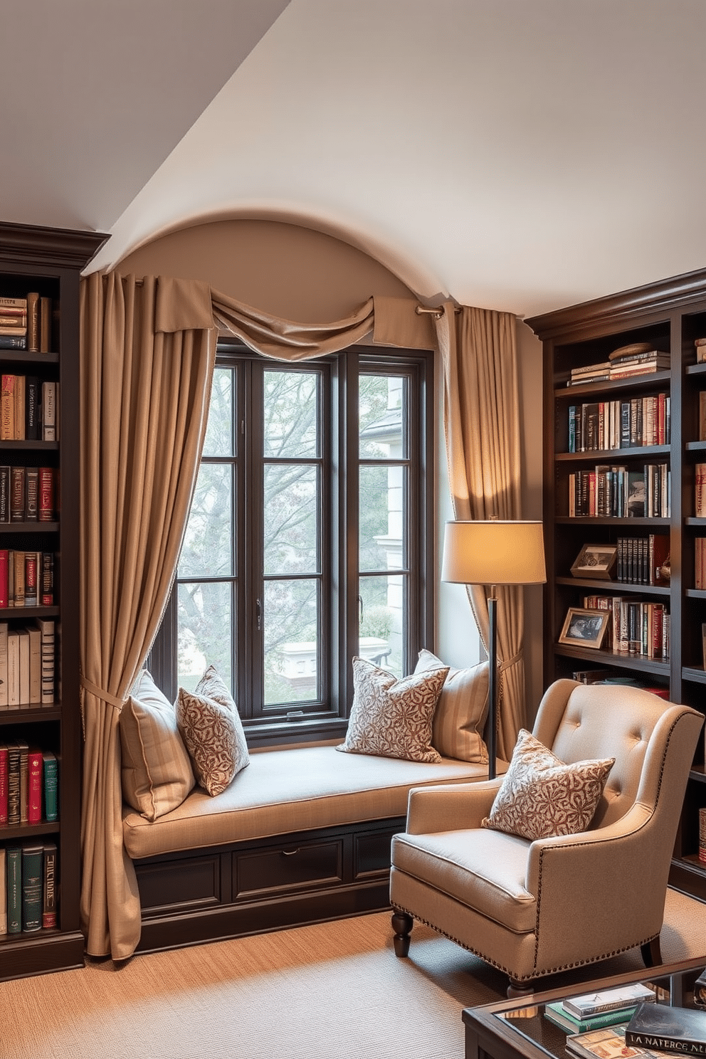 A cozy window seat adorned with plush cushions in soft, inviting fabrics, framed by elegant drapery that filters the natural light. The surrounding walls are painted in a warm, neutral tone, complemented by a small bookshelf filled with an array of books and decorative items. A sophisticated basement home library featuring dark wood shelving that lines the walls, showcasing an extensive collection of books. A large, comfortable armchair sits in the corner, paired with a stylish floor lamp, creating an inviting reading nook.