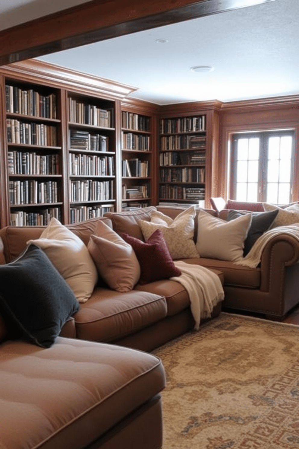 Layered textures create a cozy atmosphere in a basement home library. Plush pillows in various fabrics and colors are scattered across a deep, comfortable sectional sofa, while a soft throw blanket drapes over the armrest. The library features rich wooden bookshelves filled with an extensive collection of books. A large area rug anchors the space, adding warmth and inviting a sense of relaxation amidst the layered textures.