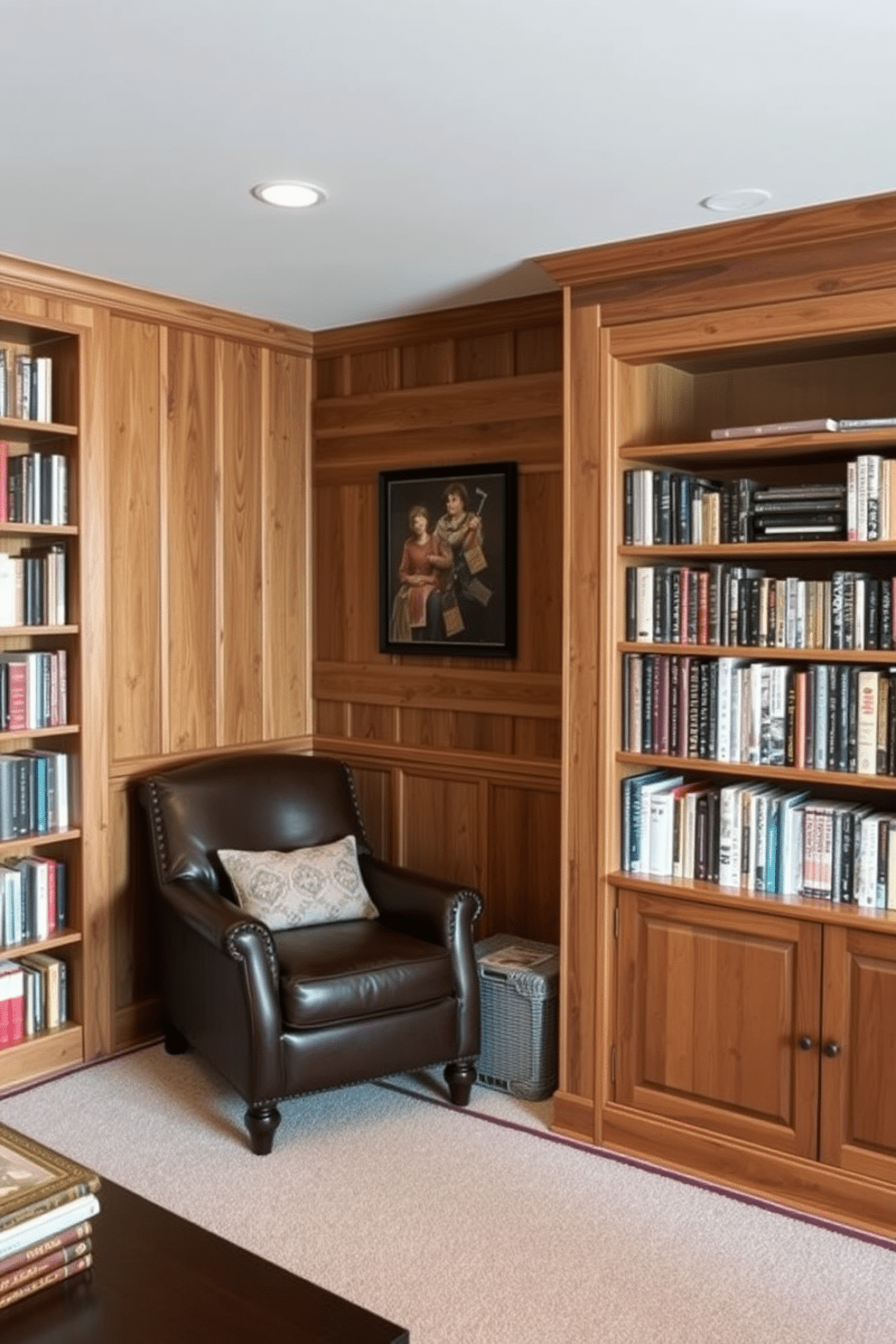 A cozy basement home library featuring rustic wood paneling that adds warmth and character to the space. Shelves filled with books line the walls, and a comfortable leather armchair is nestled in the corner, inviting you to curl up with a good read.