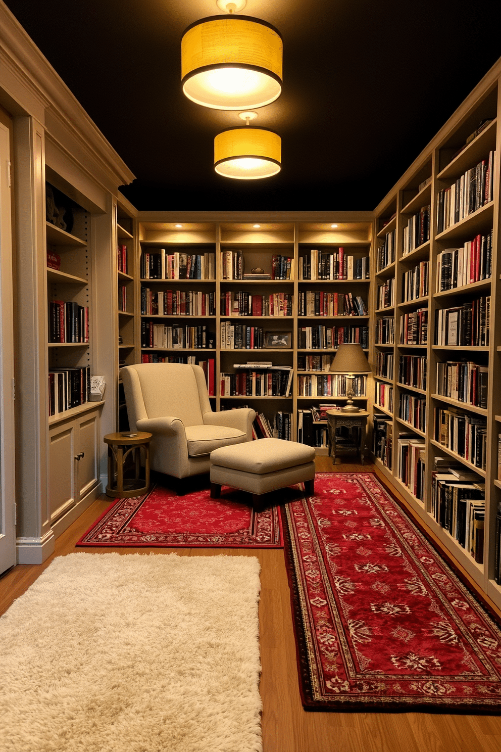 A cozy basement home library featuring soft area rugs that provide comfort and warmth underfoot. The space is filled with floor-to-ceiling bookshelves, a plush reading chair, and warm ambient lighting, creating an inviting atmosphere for relaxation and reading.