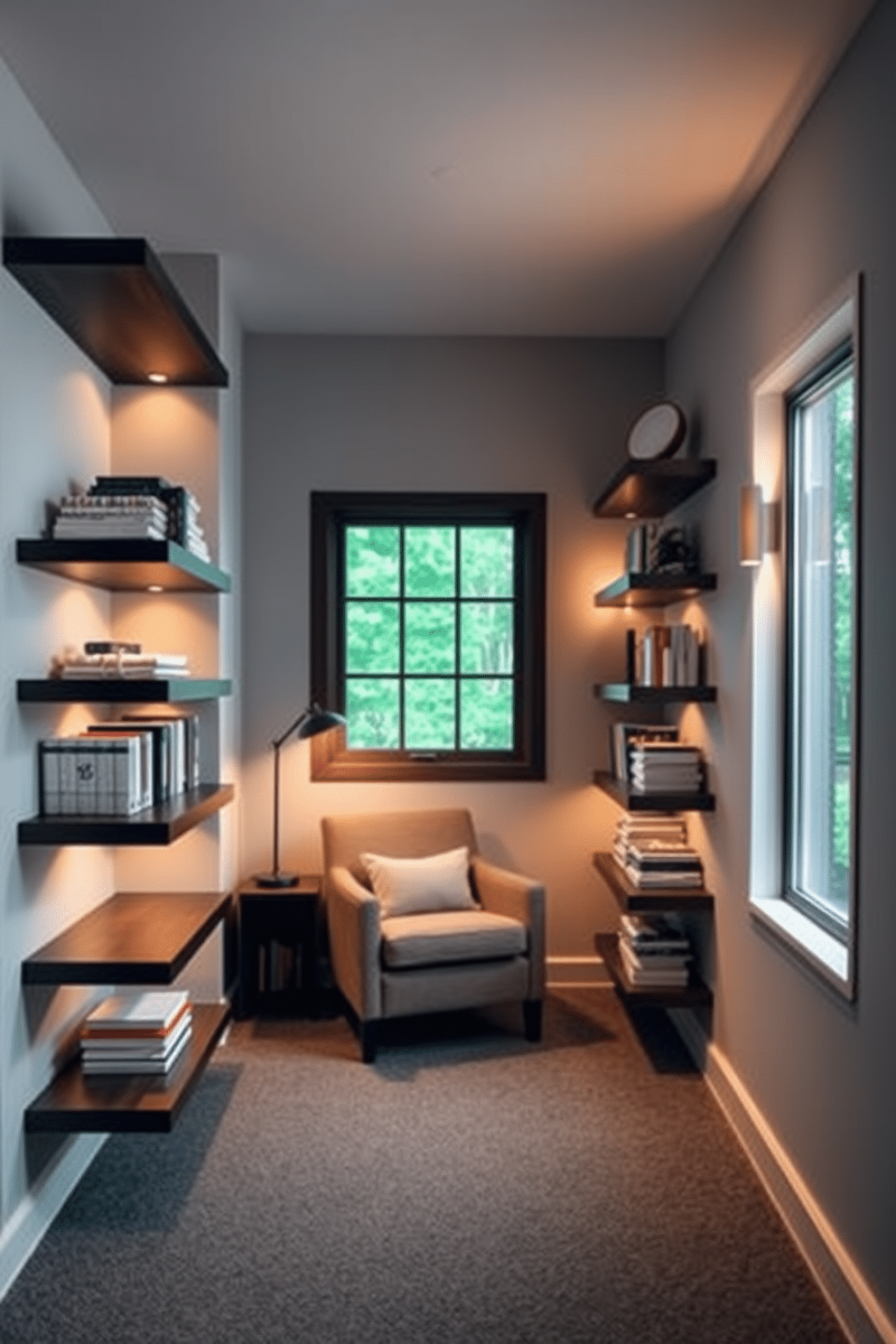 A sleek basement home library featuring floating shelves that create a modern aesthetic. The shelves are crafted from dark wood, displaying an array of books and decorative items, while a cozy reading nook with a plush armchair sits beneath a large window. The walls are painted in a soft gray, providing a calm backdrop for the rich wooden tones. Warm lighting from stylish sconces illuminates the space, enhancing the inviting atmosphere perfect for reading and relaxation.