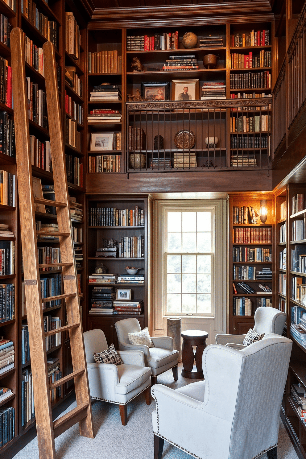 A vintage wooden ladder leans against a wall, its weathered finish complementing the rich, dark wood of the high shelves it accesses. The shelves are filled with an eclectic collection of books, art pieces, and decorative objects, creating a warm and inviting atmosphere. In the basement, the home library features cozy seating areas with plush armchairs and a small reading nook by a window. Soft lighting from stylish sconces illuminates the space, enhancing the tranquil ambiance perfect for curling up with a good book.