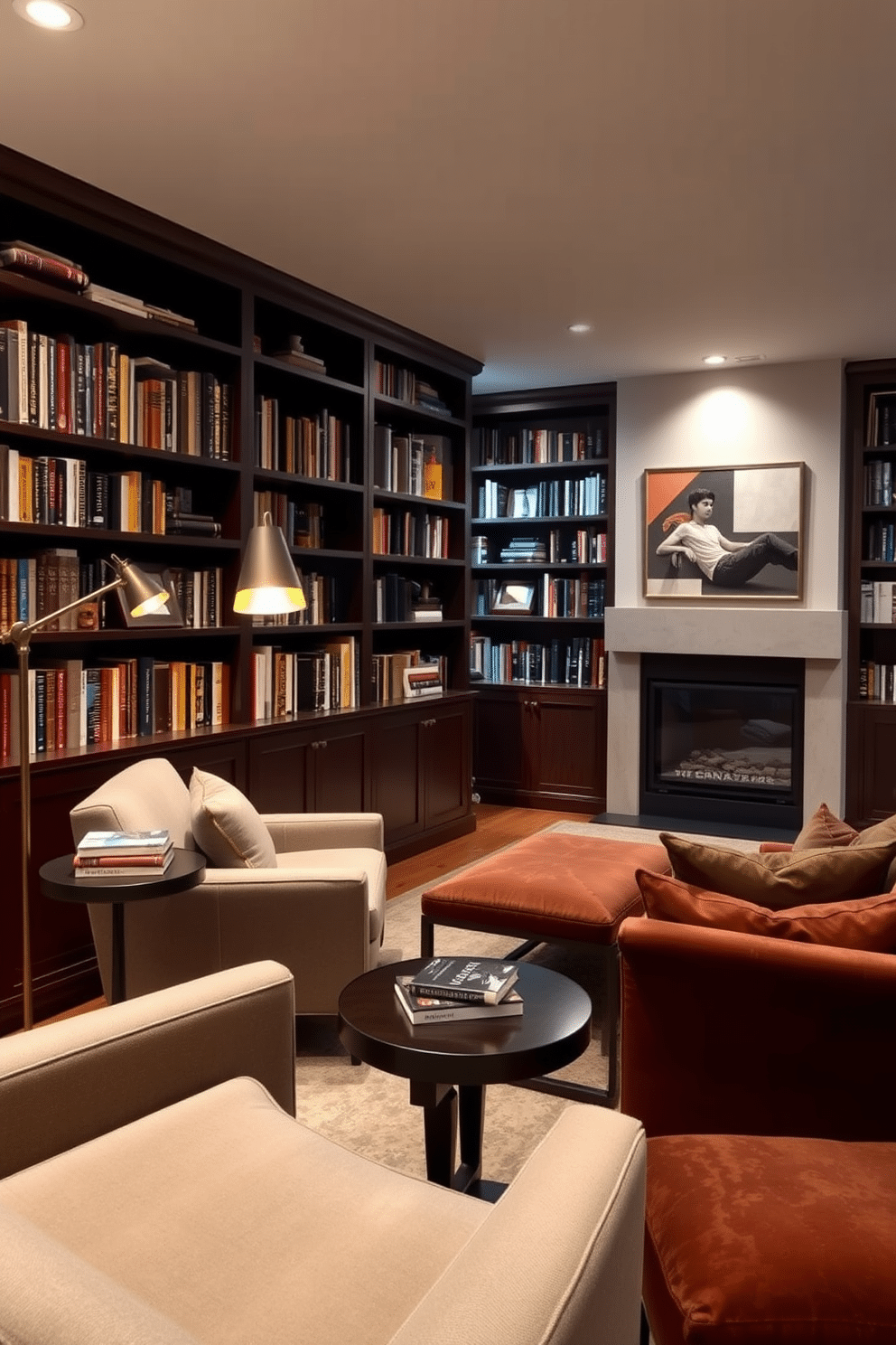 A cozy reading corner featuring a plush armchair in a soft, muted fabric, positioned next to a small, round side table made of dark wood. A warm floor lamp with a vintage design casts a gentle glow over the space, inviting relaxation with a stack of books resting on the table. A sophisticated basement home library designed with built-in bookshelves lining the walls, filled with an extensive collection of books. A large, comfortable sectional sofa in a rich, deep color faces a sleek fireplace, creating a warm and inviting atmosphere perfect for reading and reflection.