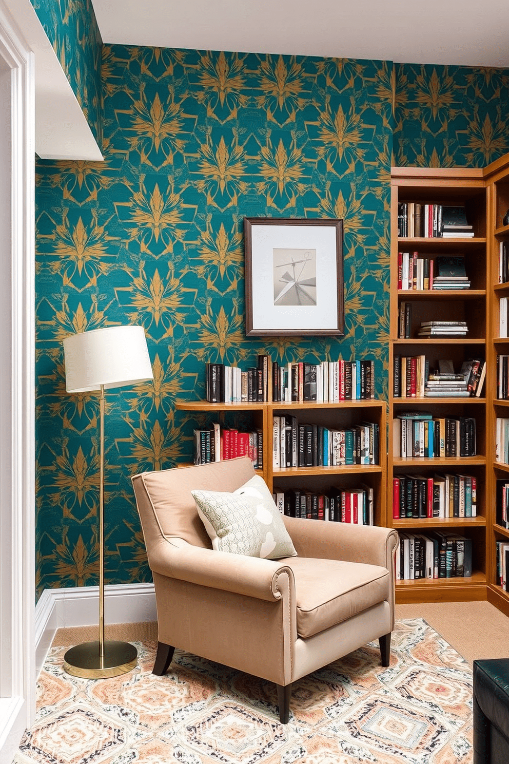 Accent wall with bold wallpaper design. The wall features a vibrant, geometric pattern in shades of teal and gold, creating a striking focal point in the room. Basement home library design ideas. The space is lined with custom-built wooden bookshelves filled with books, complemented by a cozy reading nook with a plush armchair and a modern floor lamp.