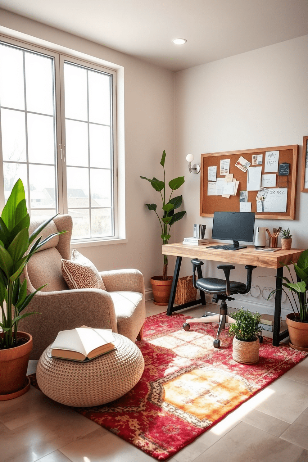 Cozy nook with natural light. A plush armchair is positioned beside a large window, allowing sunlight to stream in, illuminating the soft, textured throw blanket draped over the seat. Basement Home Office Design Ideas. The space features a sleek desk made of reclaimed wood, paired with an ergonomic chair, while built-in shelves display books and personal mementos, creating an inviting work environment.