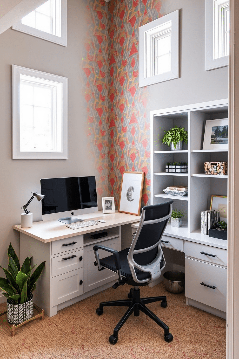 Accent wall with bold wallpaper design. The wall features a striking geometric pattern in vibrant colors, creating a focal point in the room. Complementing the wallpaper, the surrounding walls are painted in a soft, neutral tone to balance the boldness. A sleek, modern desk sits against the wall, paired with an ergonomic chair that enhances the overall aesthetic. Basement home office design ideas. The space is illuminated by natural light through strategically placed windows, showcasing a cozy yet professional atmosphere. A combination of built-in shelves and a stylish desk maximizes functionality while maintaining a chic appearance. Decorative elements like plants and artwork add personality and warmth to the otherwise utilitarian space.