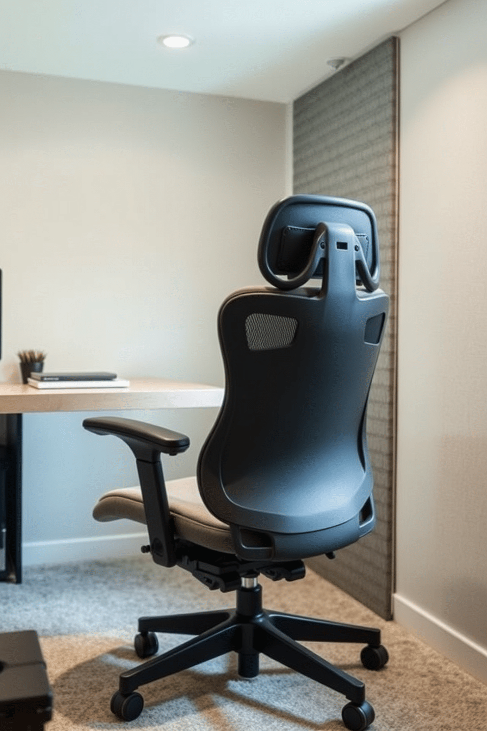 An ergonomic chair designed for ultimate comfort during long work hours. The chair features adjustable lumbar support, a breathable mesh back, and plush cushioning in a sleek, modern style. The basement home office is designed to maximize productivity and comfort. Soft, ambient lighting illuminates the space, while soundproofing elements ensure a quiet environment for focused work.