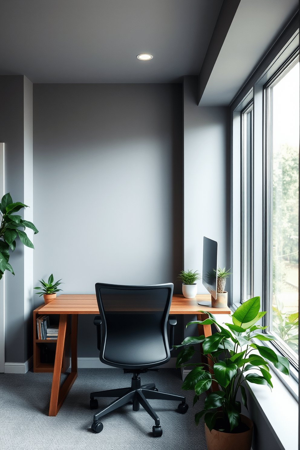 A modern basement home office featuring a sleek wooden desk positioned against a large window that allows natural light to flood the space. Lush green plants are strategically placed around the room, adding a fresh vibe and enhancing the overall ambiance. The walls are painted in a soft gray, creating a calming backdrop for the minimalist decor. A comfortable ergonomic chair complements the desk, while a cozy reading nook with a small bookshelf and a vibrant potted plant invites relaxation.