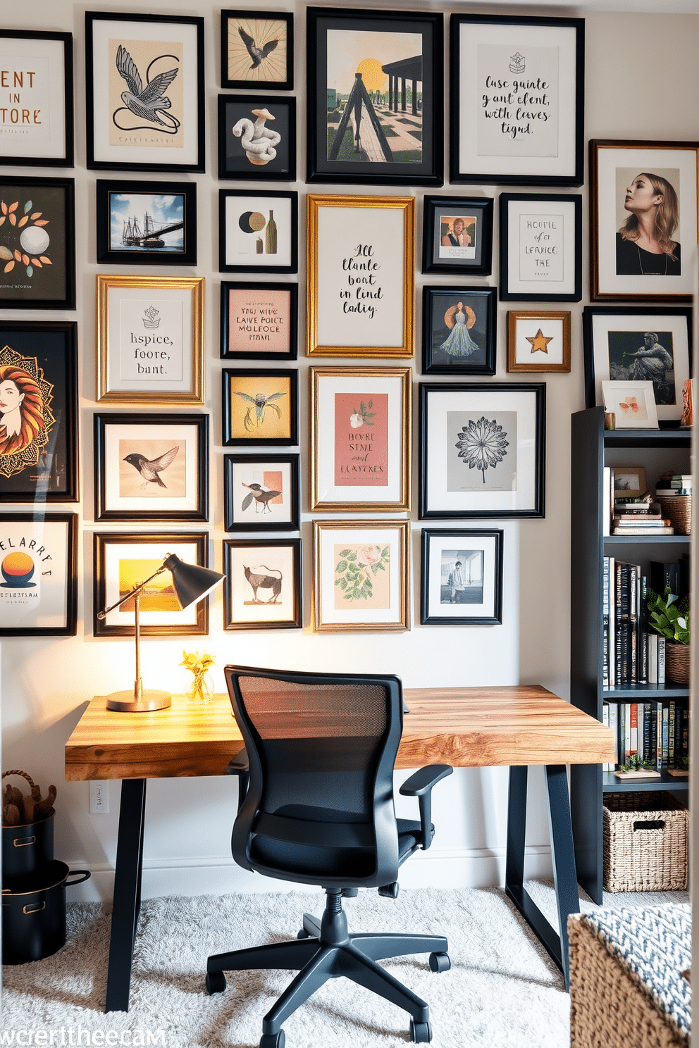 A gallery wall adorned with an eclectic mix of inspiring artwork, showcasing various styles from abstract to classic. The frames are a combination of black, gold, and natural wood, creating a cohesive yet dynamic visual impact. A cozy basement home office designed for productivity and comfort. Soft lighting illuminates a stylish desk made of reclaimed wood, paired with an ergonomic chair, while shelves filled with books and personal touches add warmth to the space.