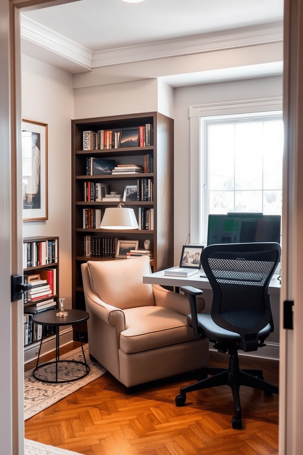 A stylish multi-functional space featuring a comfortable sofa that doubles as a sleeper, positioned against a backdrop of built-in shelving filled with books and decorative items. Large windows allow natural light to flood the room, while a soft area rug anchors the seating area, creating a cozy atmosphere. In the basement home office, a sleek desk is placed opposite the sofa, complemented by an ergonomic chair and a modern desk lamp. The walls are painted in a light gray tone, and framed artwork adds a touch of personality, while potted plants bring a hint of nature indoors.