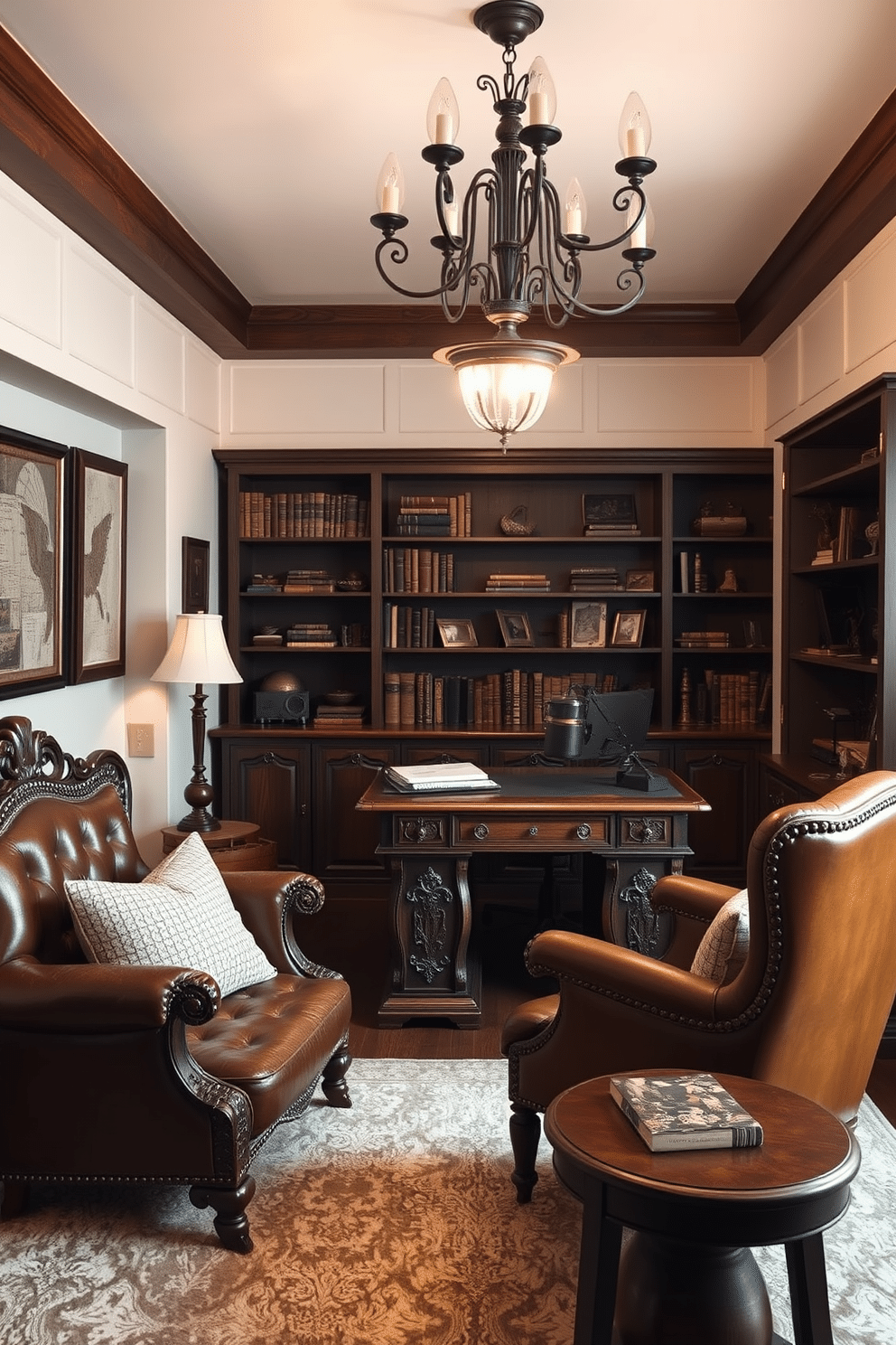 A stylish basement home office features a sleek glass desk paired with a comfortable ergonomic chair. The walls are painted in a soft gray hue, adorned with framed artwork that reflects personal style and creativity. Natural light floods the space through a large window, complemented by layered lighting fixtures for a warm atmosphere. A cozy area rug anchors the room, while shelves filled with books and decorative objects add a personalized touch to the decor.