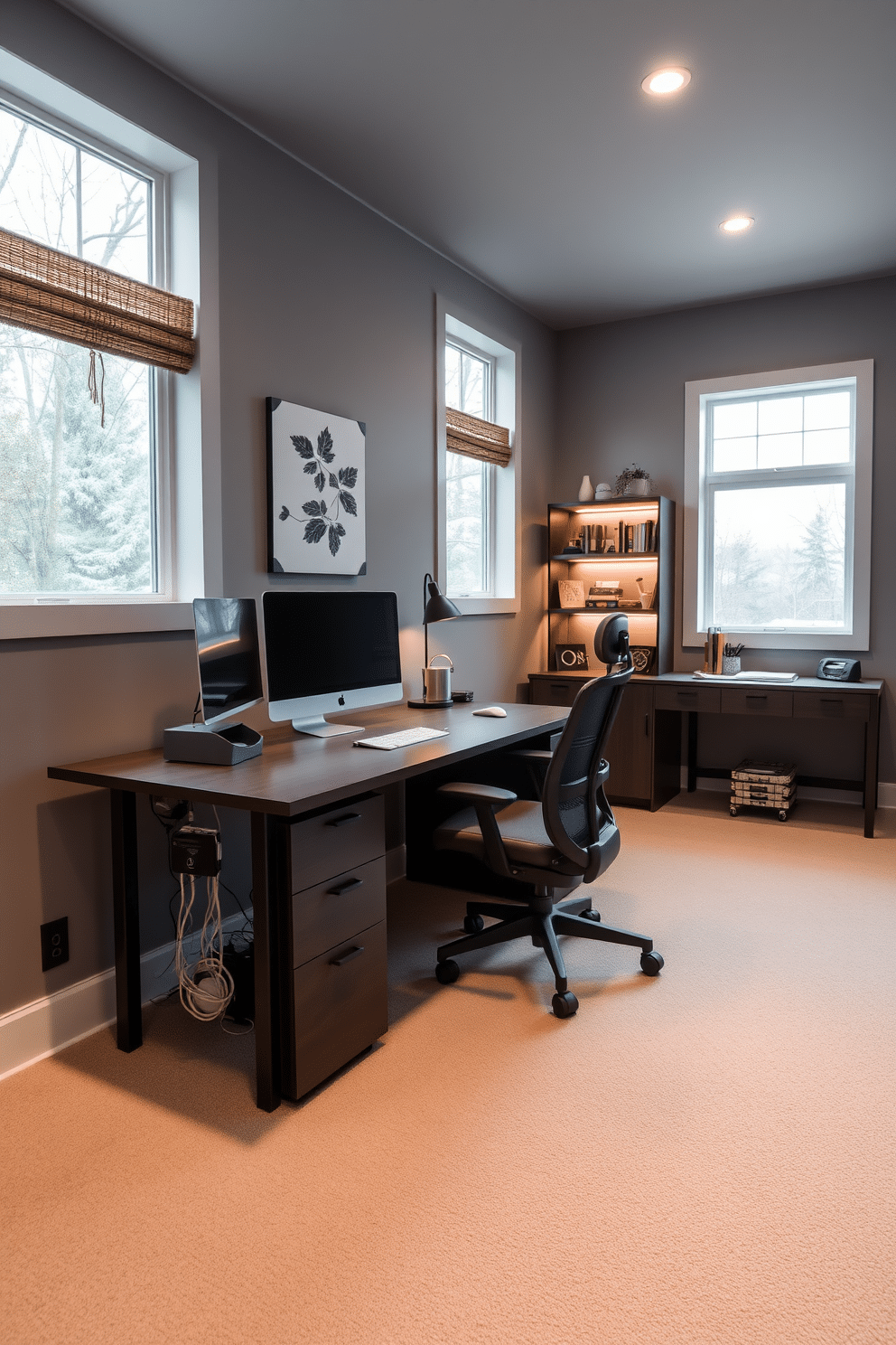 A modern basement home office featuring a sleek desk equipped with integrated cable management solutions. The walls are painted in a soft gray, and large windows allow natural light to flood the space, enhancing productivity. The office includes a comfortable ergonomic chair and stylish shelving units that keep supplies organized and accessible. Accent lighting illuminates the area, creating a warm and inviting atmosphere for work and creativity.