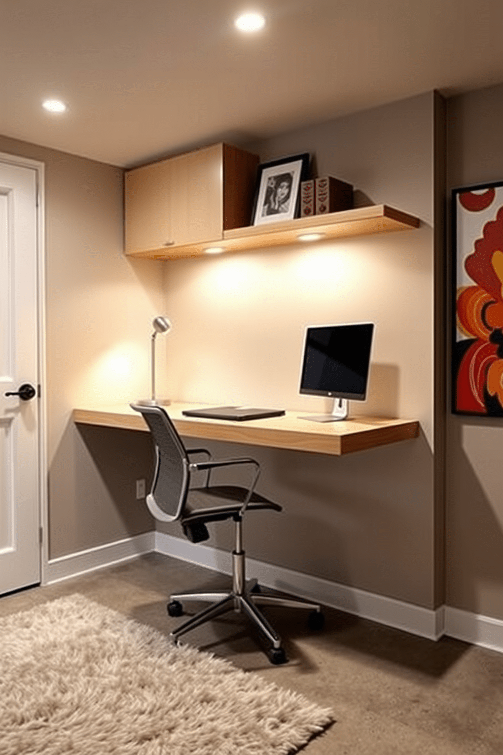 A spacious basement home office features a large, modern desk with ample workspace, crafted from reclaimed wood and paired with a sleek ergonomic chair. The walls are painted in a calming gray, while large windows allow natural light to flood the room, creating an inviting atmosphere. To the left of the desk, a built-in bookshelf showcases an array of books and decorative items, adding personality to the space. A cozy area rug anchors the seating area, which includes a small sofa and a stylish coffee table, perfect for informal meetings or breaks.